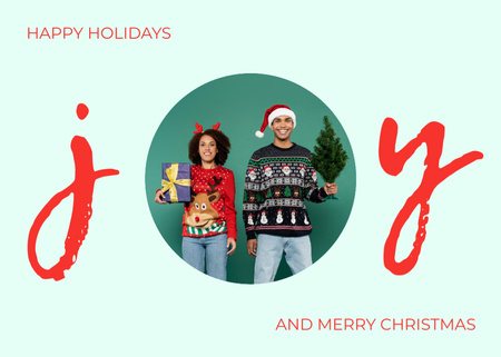 Ontwerpsjabloon van Postcard 5x7in van Afrikaans Amerikaans echtpaar dat prettige kerstdagen wenst