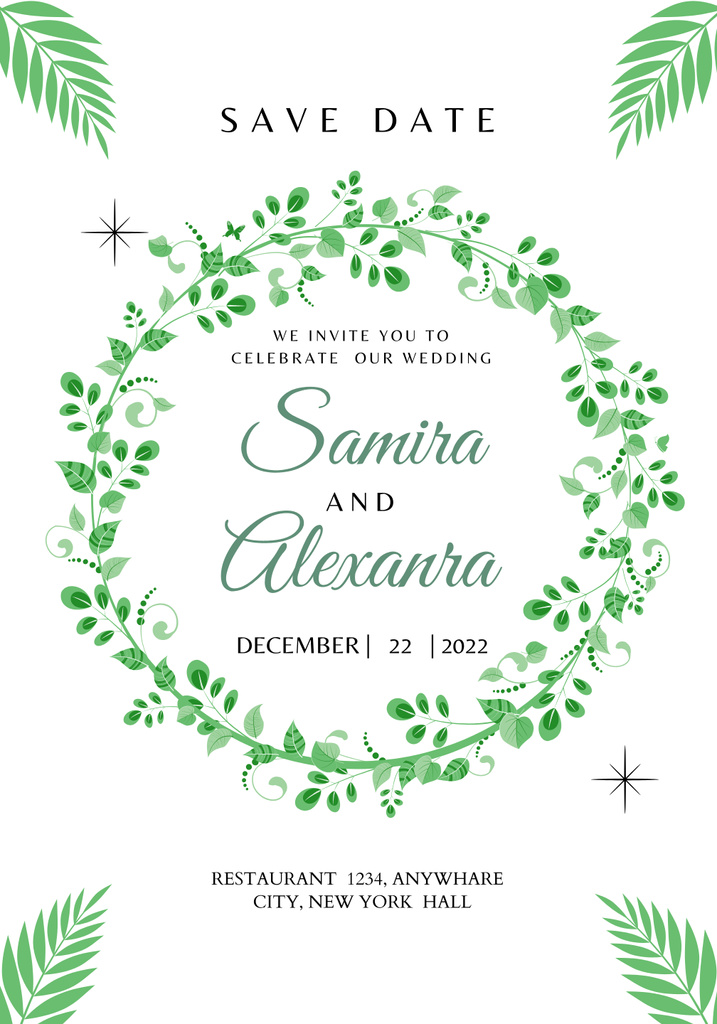 Wedding Celebration Announcement with Green Wreath Poster 28x40in Design Template