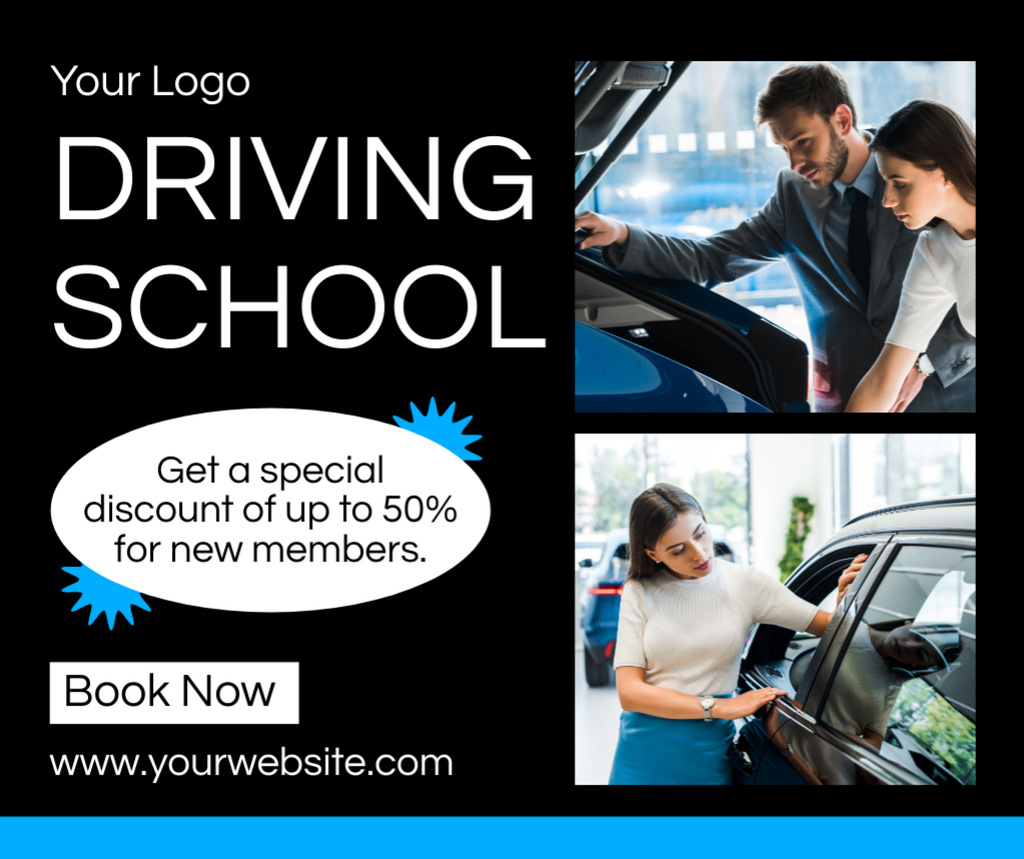 Designvorlage Driving School Classes With Discount And Booking für Facebook