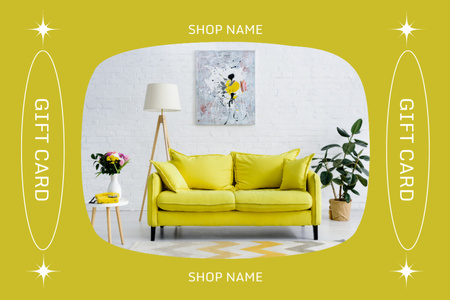 Comfortable Yellow Sofa in Living Room Gift Certificate Design Template