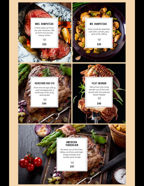 Meat Steaks Variety List For Restaurant Menu 8.5x11in Šablona návrhu