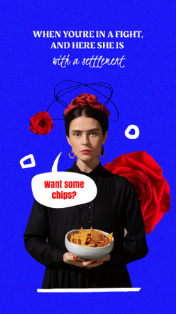 Funny Illustration of Antique Lady holding Crisps Instagram Story Design Template