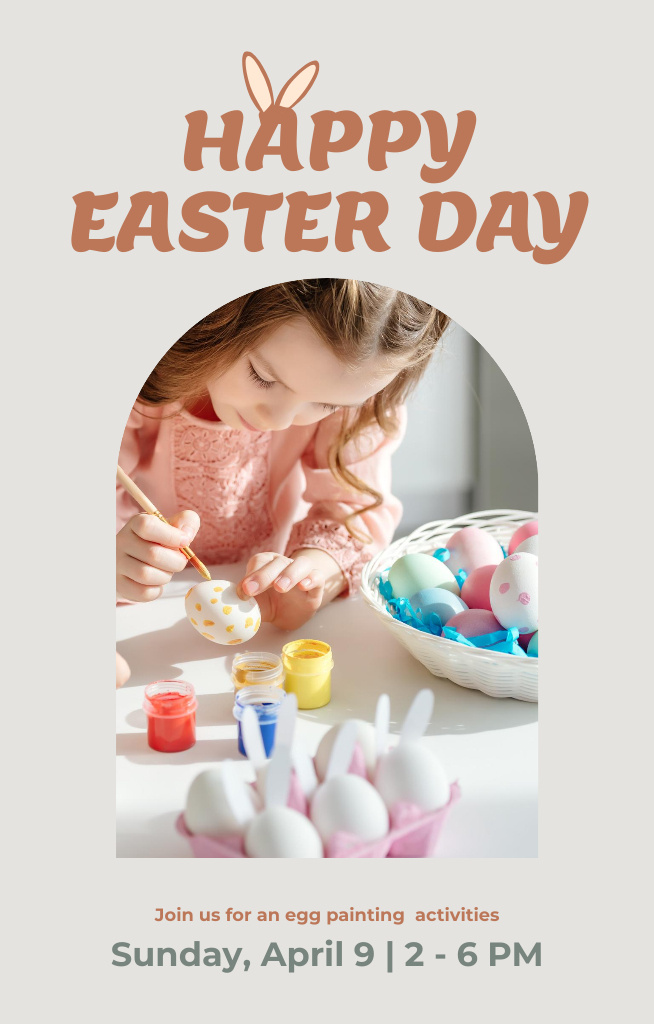 Plantilla de diseño de Cute Little Girl Painting Eggs for Easter Invitation 4.6x7.2in 