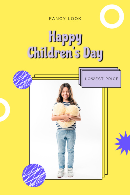 Children's Day Greeting With Girl Holding Toy in Yellow Postcard 4x6in Vertical Design Template