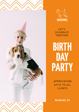 Platilla de diseño Birthday Party Announcement with Woman and Dog Poster