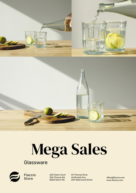 Kitchenware Sale with Jar and Glasses with Water Poster A3 Design Template
