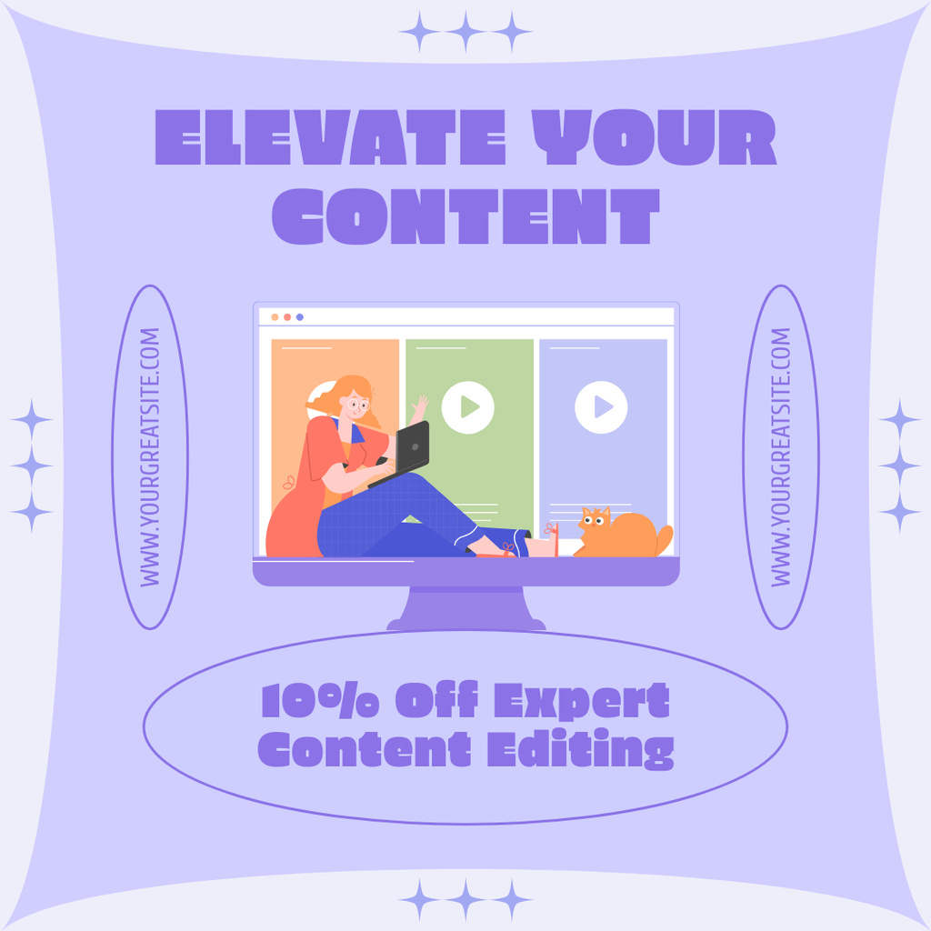 Designvorlage Refined Content Editing Service With Discounts In Purple für Instagram