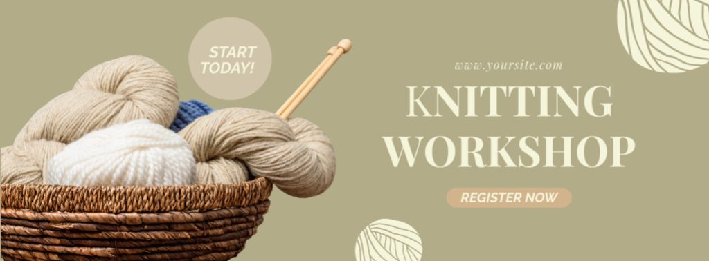 Knitting Workshop Announcement with Yarn in Wicker Basket Facebook cover Πρότυπο σχεδίασης