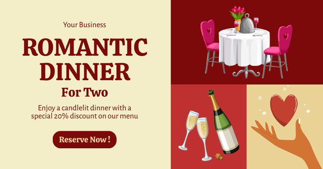 Ontwerpsjabloon van Facebook AD van Romantic Dinner With Champagne And Discount Due Valentine's Day
