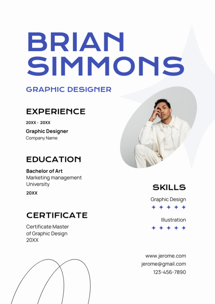 Graphic Designer Skills List with Photo of Young Man Resume Πρότυπο σχεδίασης