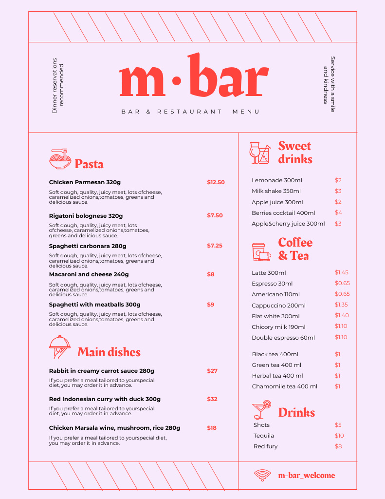 Bar Menu Announcement with Red Inscriptions Menu 8.5x11in Tasarım Şablonu