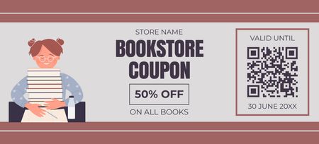 Bookstore Voucher with Illustration of Studying School Girl Coupon 3.75x8.25in Design Template