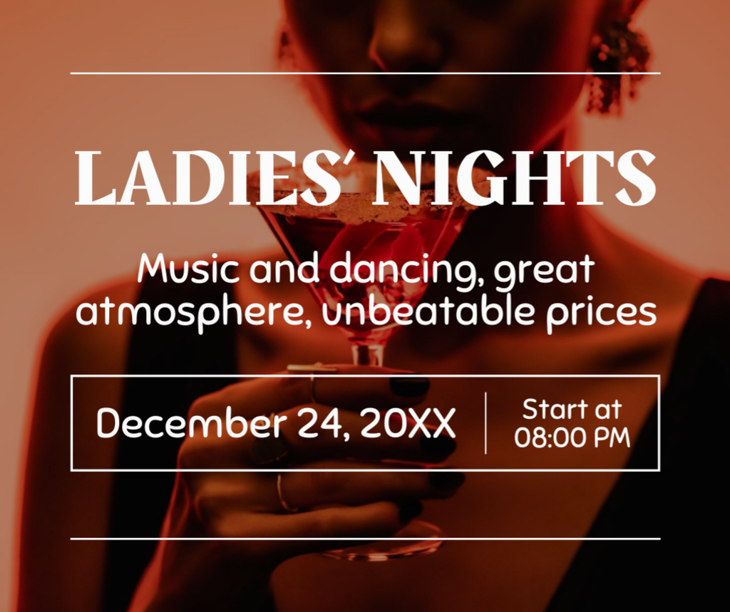 Announcement of Lady's Night with Great Atmosphere and Dancing Facebook Modelo de Design