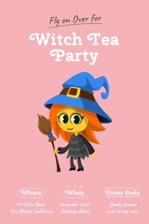 Halloween Party Announcement with Cute Witch and Pumpkins Invitation 6x9in Design Template