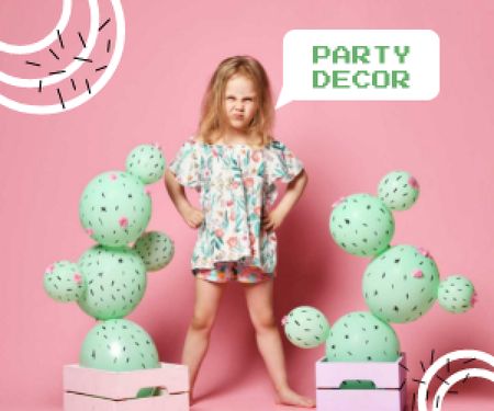 Party Decor Offer with Cute Little Girl Medium Rectangle Design Template