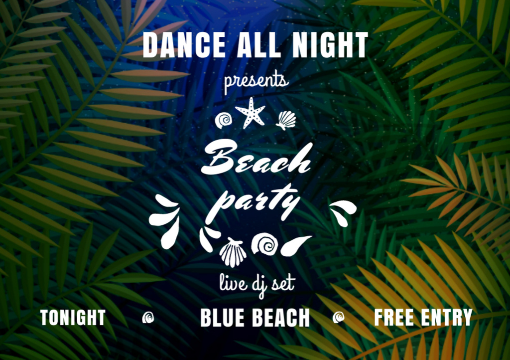 Dance Party Invitation with Palm Tree Leaves Flyer A5 Horizontal Design Template