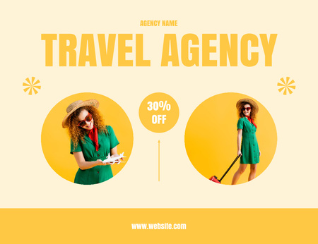 Travel Agency Offer with Woman Traveling on Yellow Thank You Card 5.5x4in Horizontal Design Template