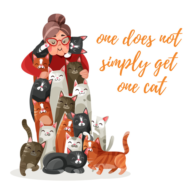 Old lady hugging bunch of cats Animated Post Modelo de Design