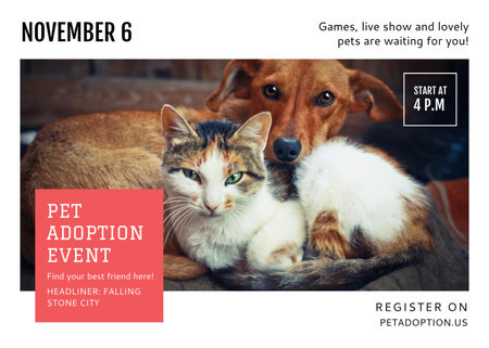 Pet Adoption Event Dog and Cat Hugging Postcard 5x7in Design Template