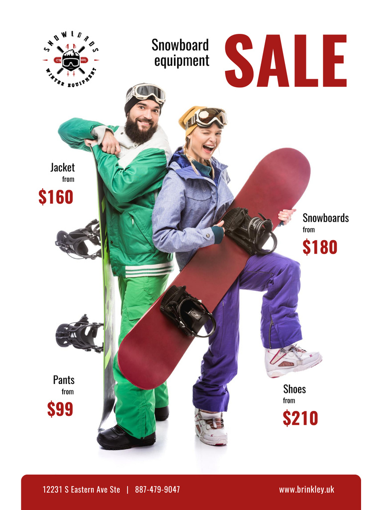 Snowboarding Equipment Sale with Snowboards Poster US Design Template