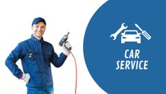 Car Service Ad with Worker in Uniform on Blue