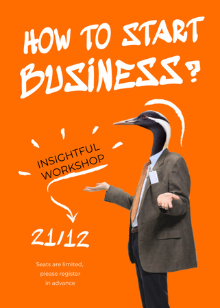 Business Event Announcement with Funny Bird in Suit Flayer Modelo de Design