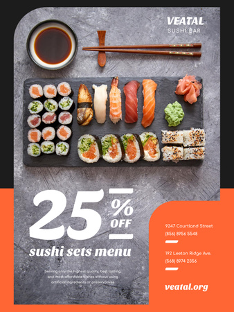 Japanese Restaurant Offer with Fresh Sushi Poster US Tasarım Şablonu
