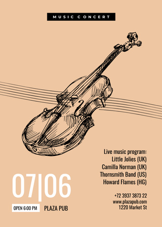 Anúncio de concerto de música clássica com esboço de violino Flayer Modelo de Design