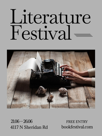 Designvorlage Literary Festival Announcement with Writer at Typewriter für Poster US