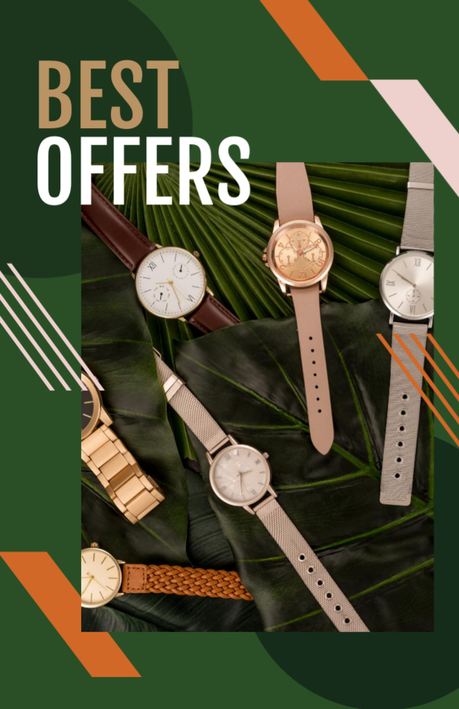Elegant Hand Watches Offer on Green Leaves Flyer 5.5x8.5in Design Template