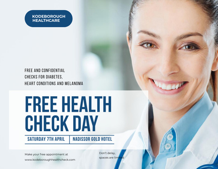 Szablon projektu Free Health Check Offer with Beautiful Doctor Flyer 8.5x11in Horizontal