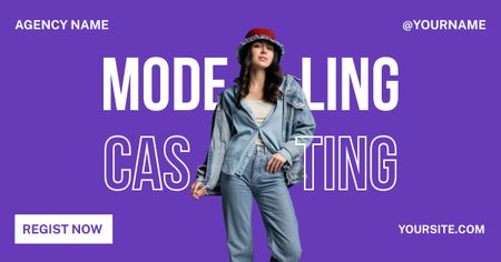 Ontwerpsjabloon van Facebook AD van Modelcastingpromo met vrouw in panamahoed