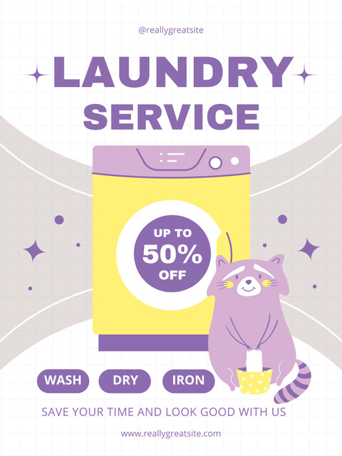 Laundry Discount Offer with Cute Raccoon Poster US Tasarım Şablonu
