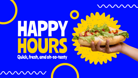 Ontwerpsjabloon van Youtube Thumbnail van Happy Hours-promo met heerlijke hotdog in de hand