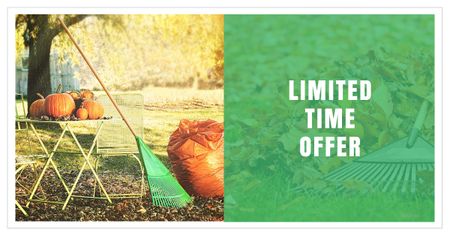 Rake and Garbage Bag in Garden for Cleanup Facebook AD Design Template