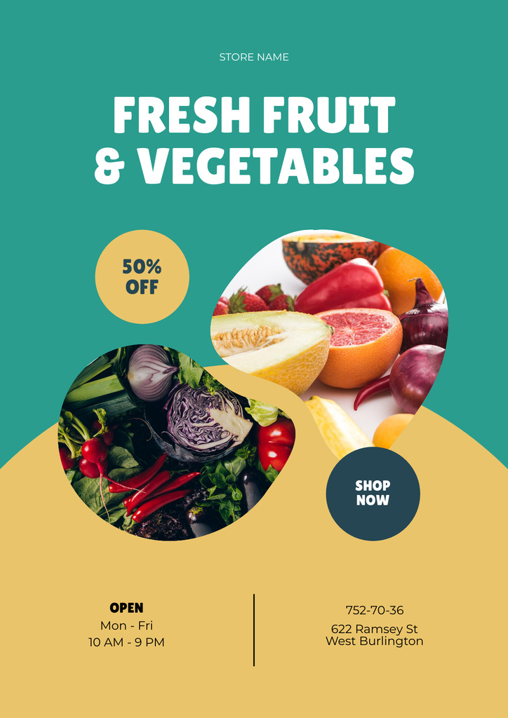 Fresh Fruits and Vegetables at Grocery Store Poster – шаблон для дизайна