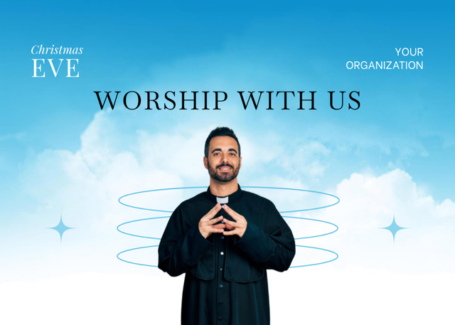 Festive Christmas Eve Worship Announcement with Priest Flyer 5x7in Horizontal Πρότυπο σχεδίασης