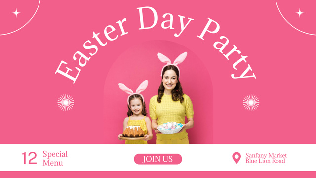 Designvorlage Easter Day Party Ad with Happy Mother and Daughter in Bunny Ears für FB event cover