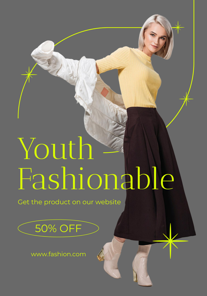 Designvorlage Young Woman in Stylish Clothes At Half Price für Poster 28x40in