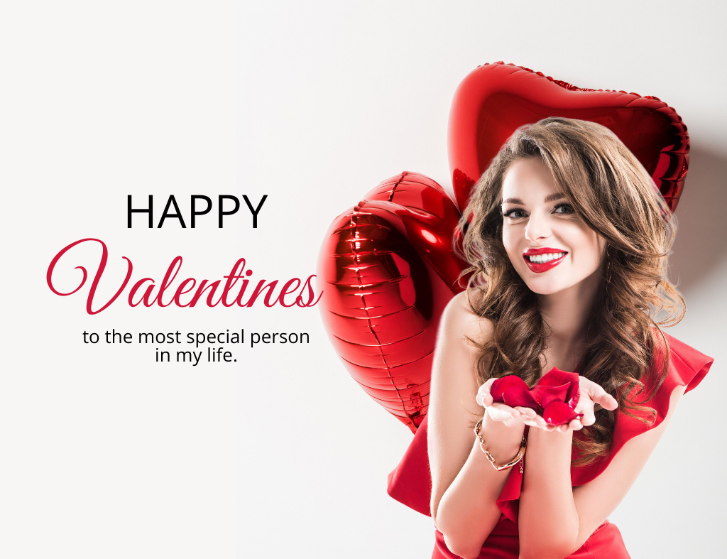 Happy Valentine's Day Greetings from Young Woman Thank You Card 5.5x4in Horizontal Design Template