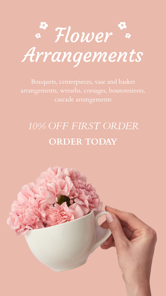 Discounts Ad for Flower Service with Arrangement in Cup Instagram Story Šablona návrhu