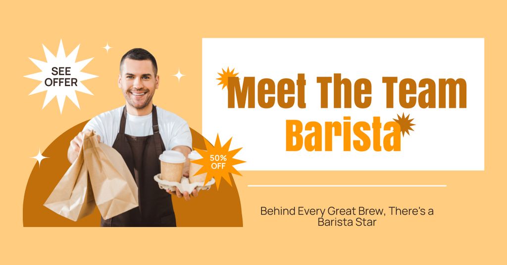 Coffee Shop Introducing Barista And Offer Discount For Orders Facebook AD Modelo de Design
