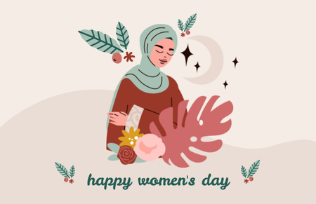 Women's Day Greeting with Illustration of Beautiful Muslim Woman Thank You Card 5.5x8.5in Design Template