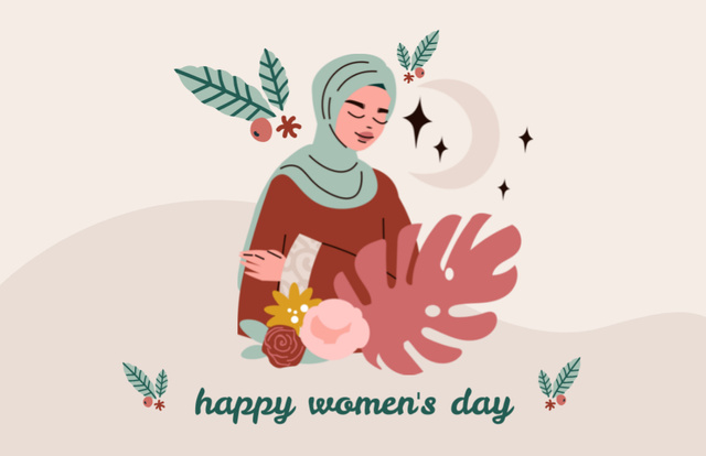 Women's Day Greeting with Illustration of Young Muslim Woman Thank You Card 5.5x8.5in Design Template