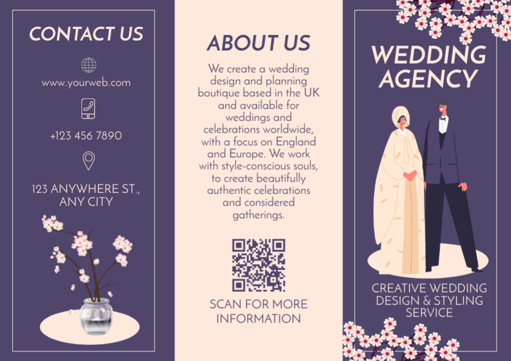 Wedding Agency Offer with Couple on Purple Brochure – шаблон для дизайна