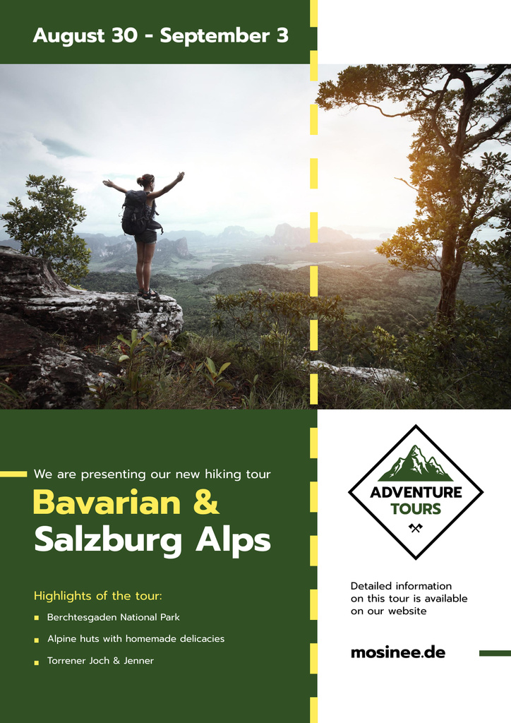 Hiking Tour Offer with Man Walking in Mountains Poster – шаблон для дизайна