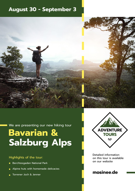 Hiking Tour Offer with Man Walking in Mountains Poster tervezősablon
