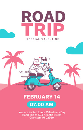 Plantilla de diseño de Oferta de viaje de San Valentín con lindos gatos en scooter Invitation 4.6x7.2in 