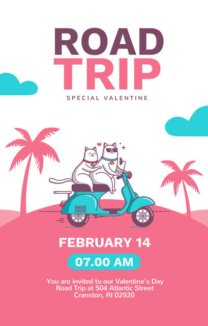 Plantilla de diseño de Valentine's Day Travel Offer with Cute Cats on a Scooter Invitation 4.6x7.2in 