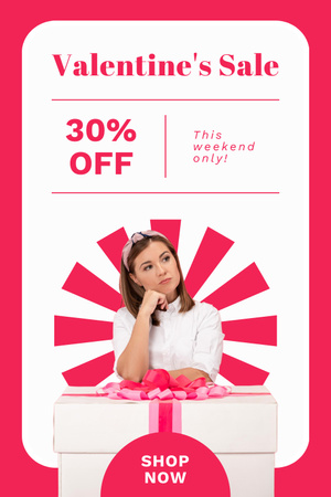 Valentine Day Sale with Thoughtful Young Woman Pinterest Design Template